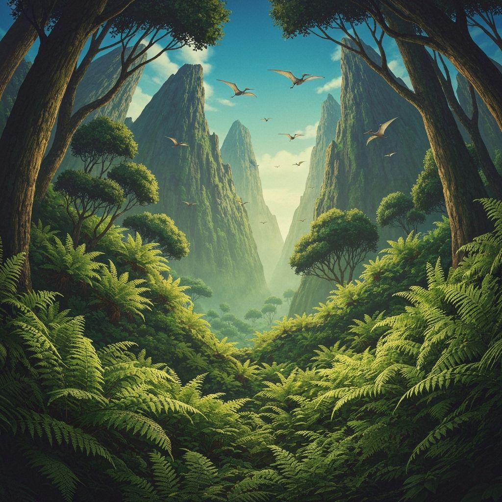 Lush Forest with Flying Dinosaurs in Whimsical Style
