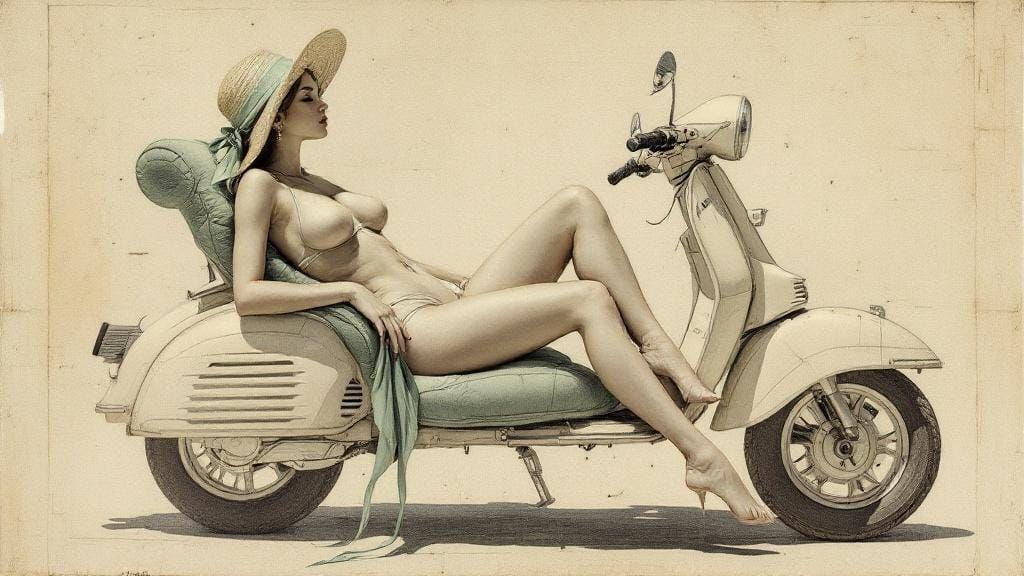Elegant Woman on Vespa Beach Lounger in Scrimshaw Style