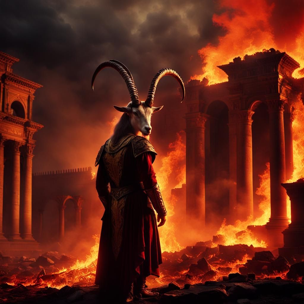 Renaissance Goat Melts in Burning Cityscape
