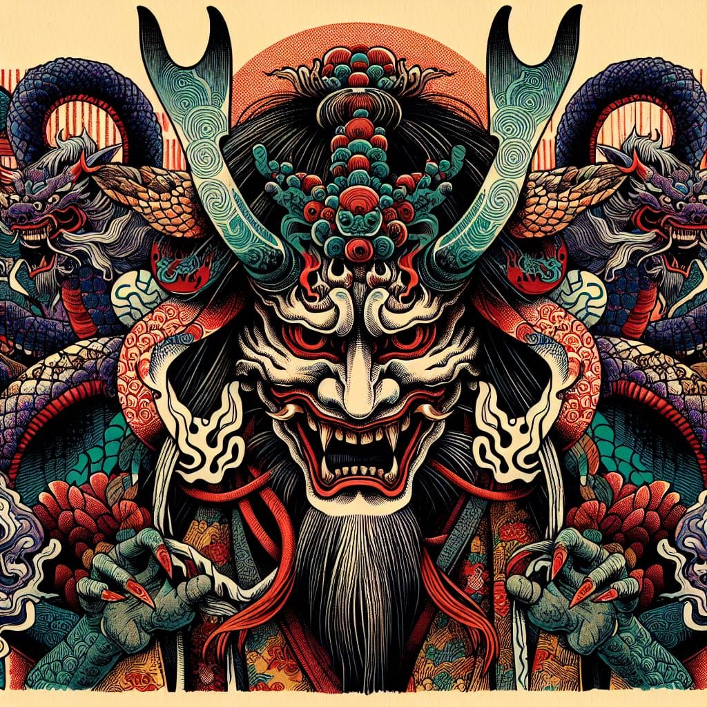 Kabuki Demon in Traditional Japanese Folk Ink Art