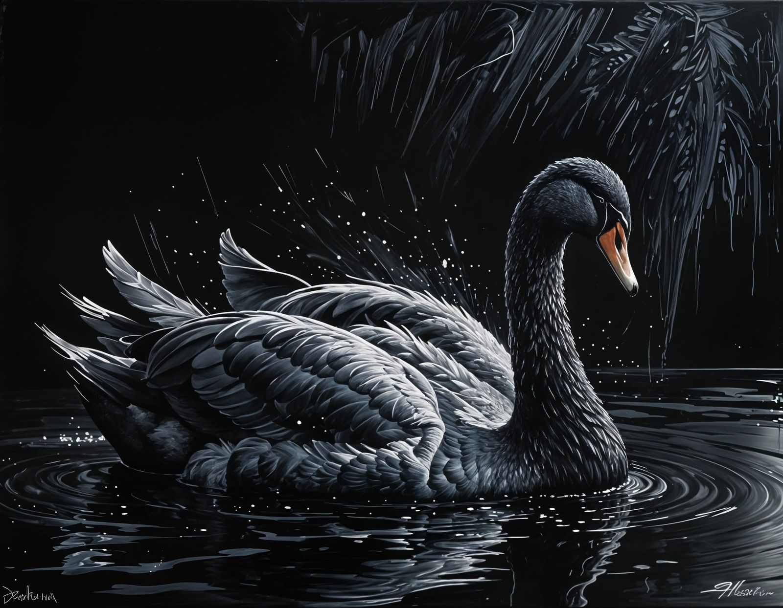 Black Swan Painting with Silver Highlights in Grunge Style