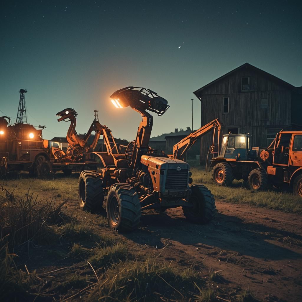 Space Aliens Work a Dark Farm at Night