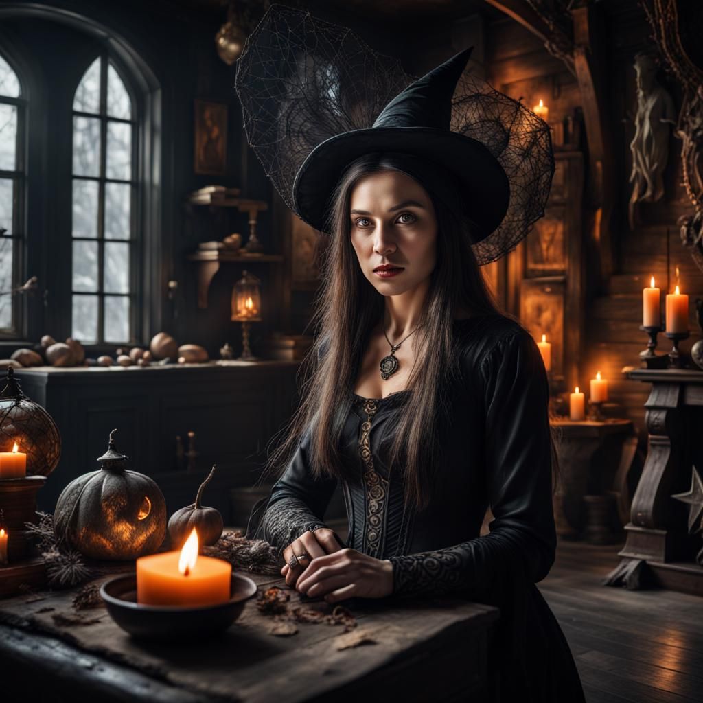 Detailed Witch in Magical Home: Hyperrealistic Image