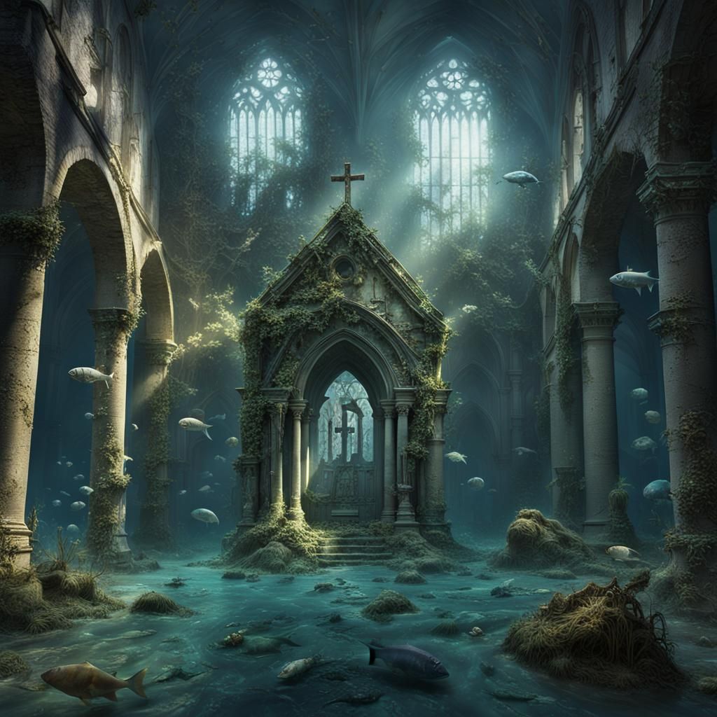 Underwater Church Ruins in Detailed Matte Painting