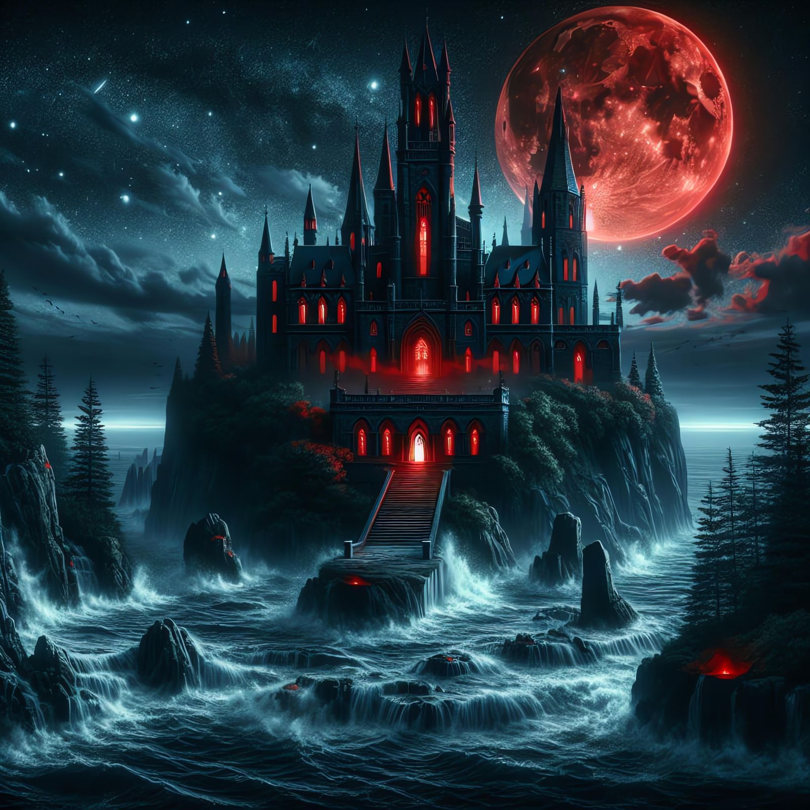 Gothic Castle Under Red Moon: Digital Art