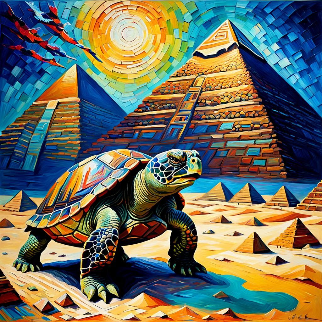 Turtle Gazing at Pyramids: Neo-Impressionist Oil Painting