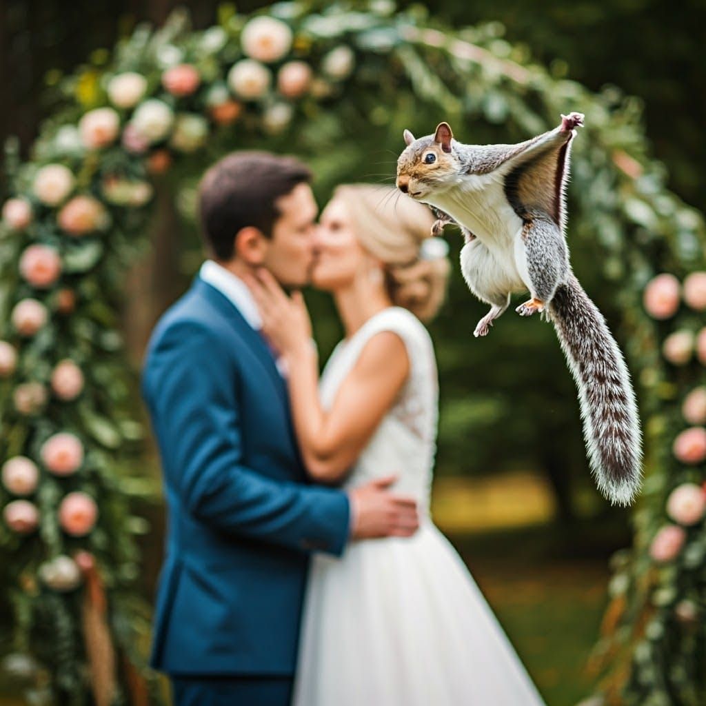 Playful Flying Squirrel Photobombs Wedding Kiss