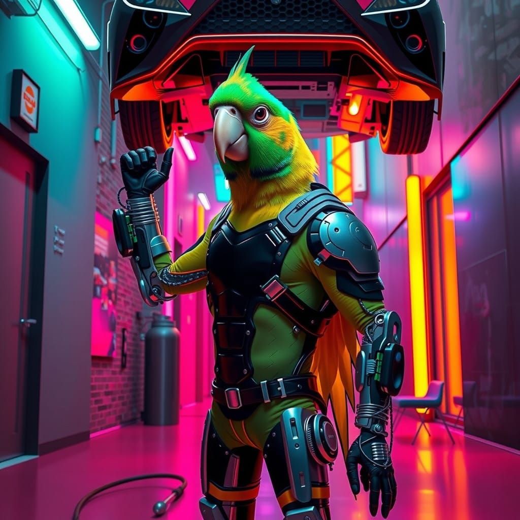 Cyberpunk Avian Heroine Soars in Neon Alleyway