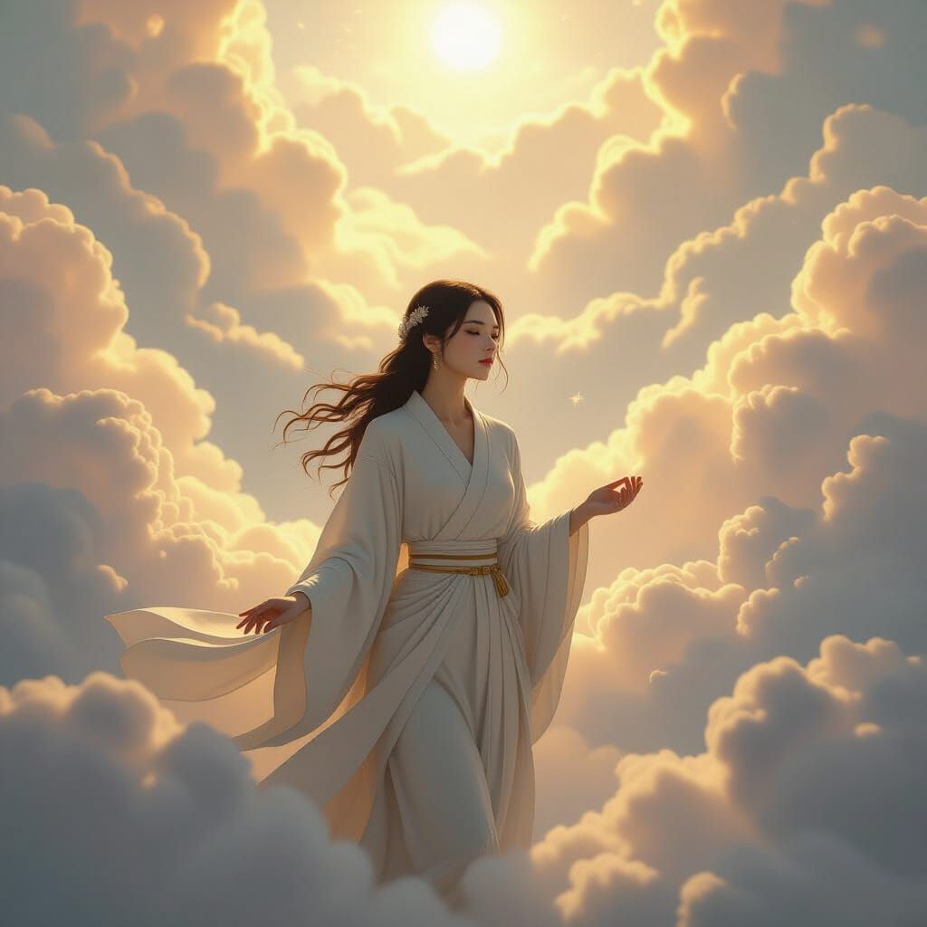 Ethereal Woman Ascending to Heaven in Dreamy Style