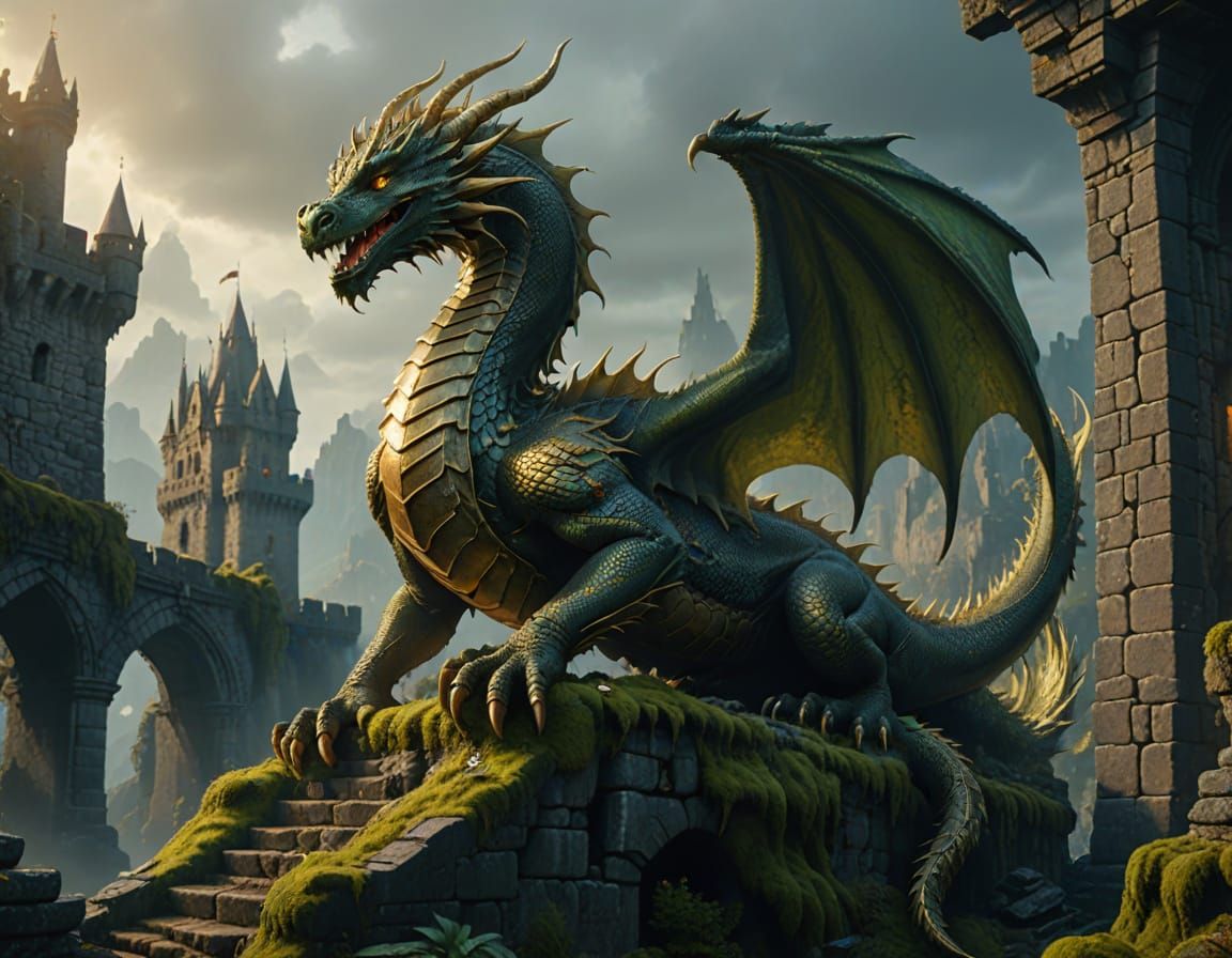 Majestic Dragon Coils Around Ruined Castle Tower