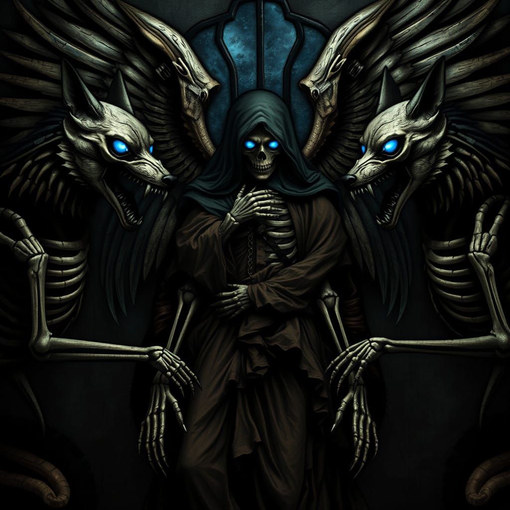 Gothic Stained Glass Angel Encircled by Skeleton Wolves in D...