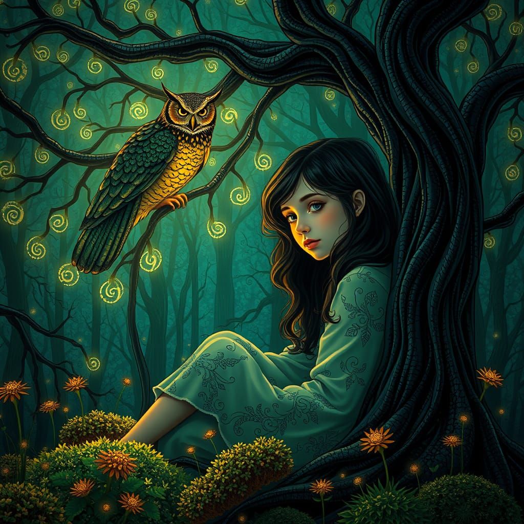 Art Nouveau Enchantress Under Bioluminescent Tree with Owl