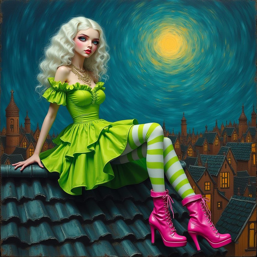 Whimsical Gothic Doll on Rooftop in Van Gogh Style