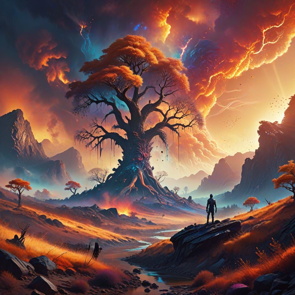 Alien in Ruination Valley: Surreal Oil Painting