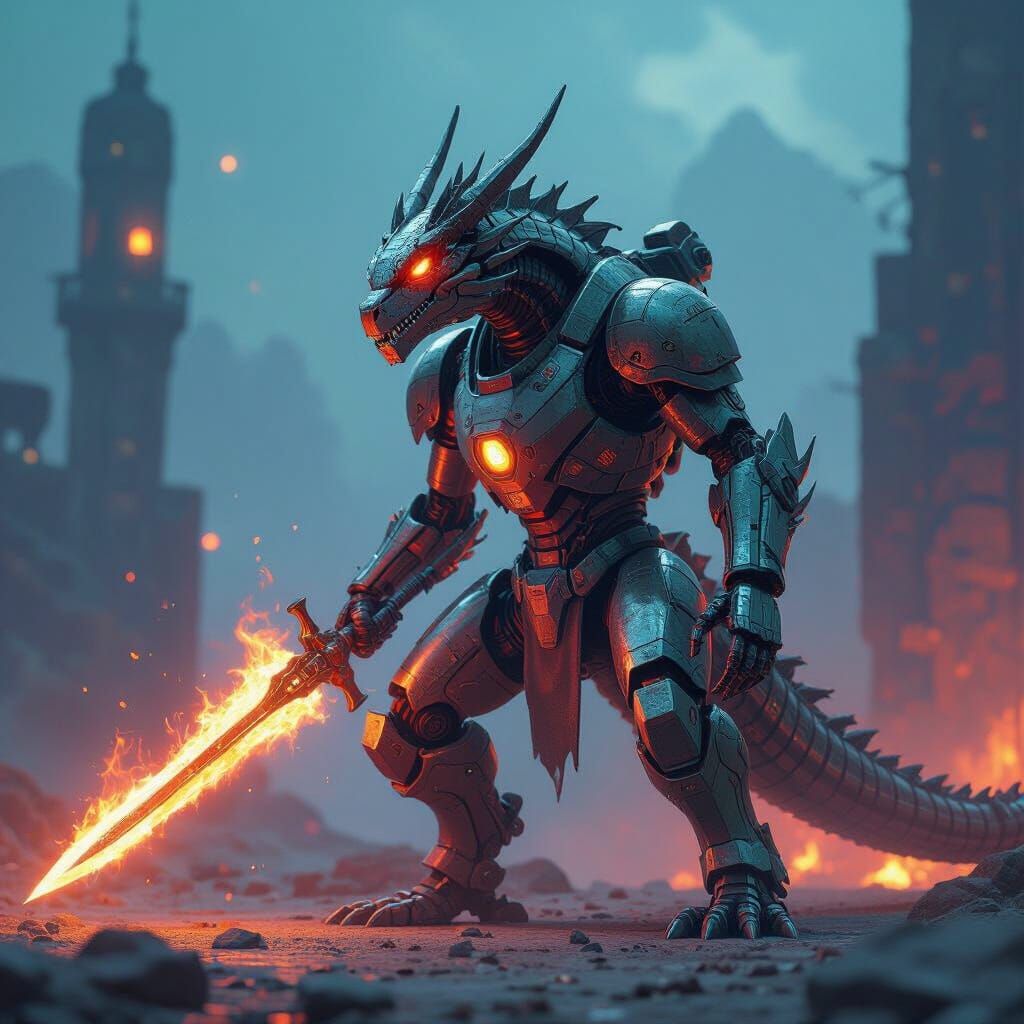 Robot Dragon with Fire Sword in Dystopian Landscape