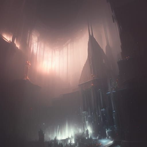 Abstract Dark Fantasy Landscape in Volumetric Lighting