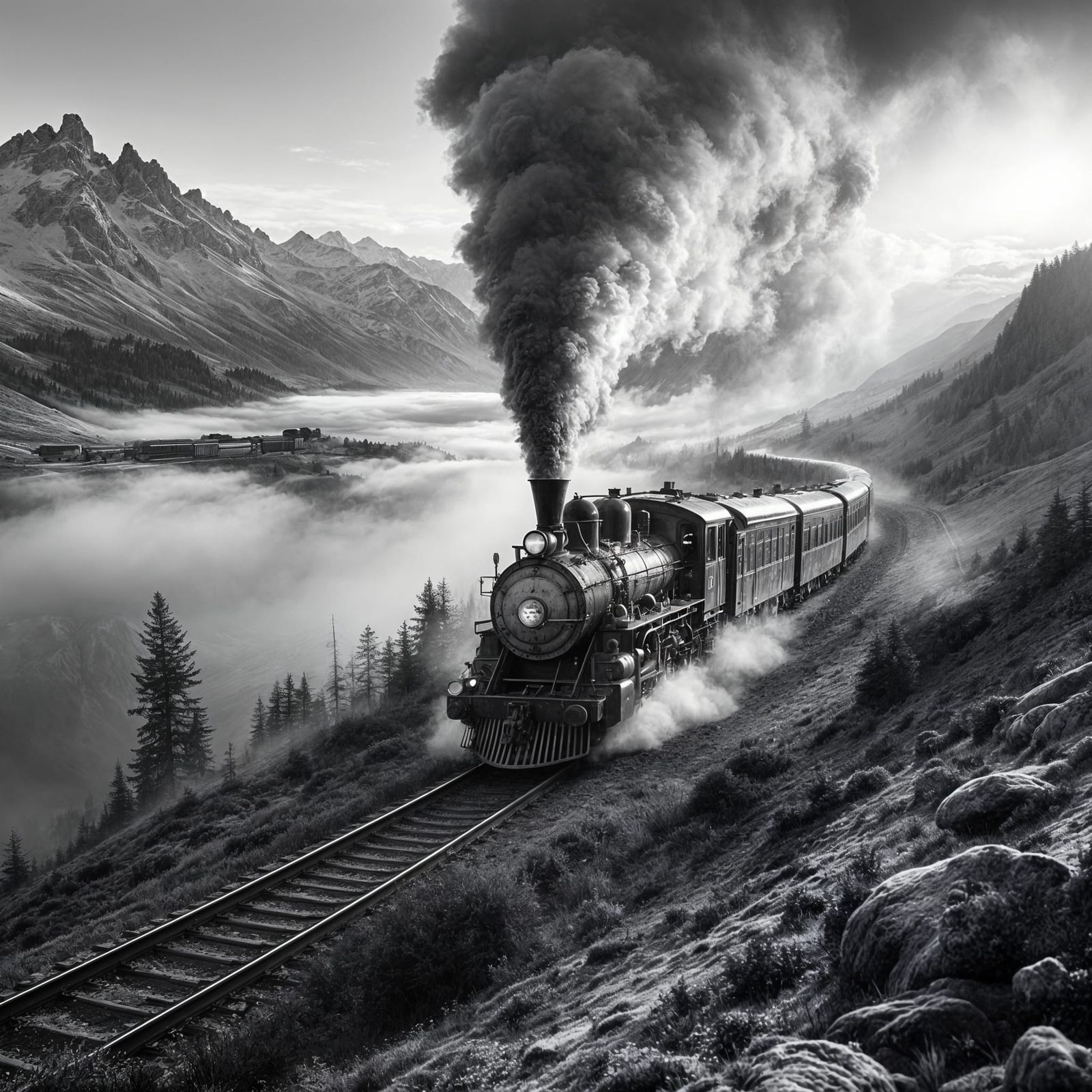 Vintage Locomotive on the Orient Express Crossing Foggy Alps...