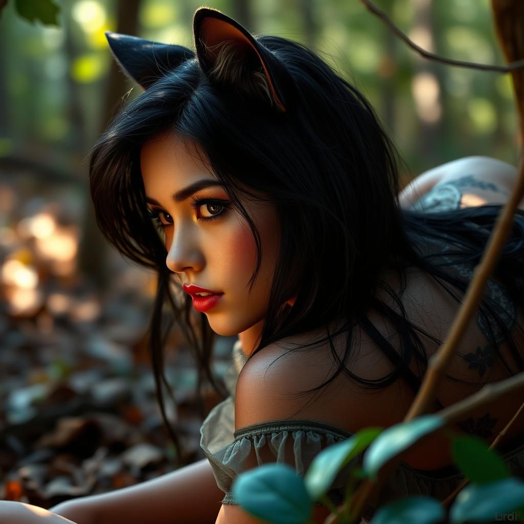 Cat Woman Crawling in Woods, Hyperdetailed Portrait