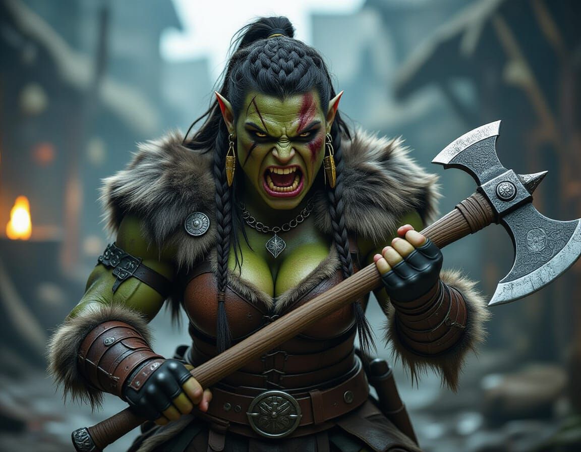 Furious Half-Orc Barbarian Woman Wielding Battle Axe