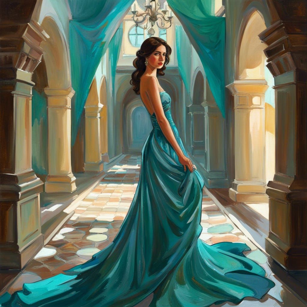Brunette Princess in Turquoise Gown, Classical Art