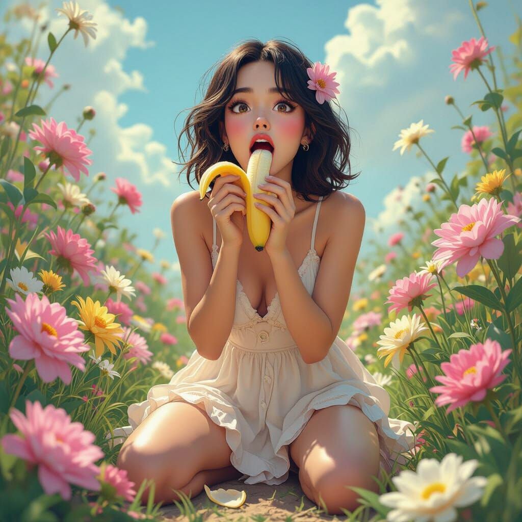 Woman with Banana in Mouth, Surreal 3D Anime Art
