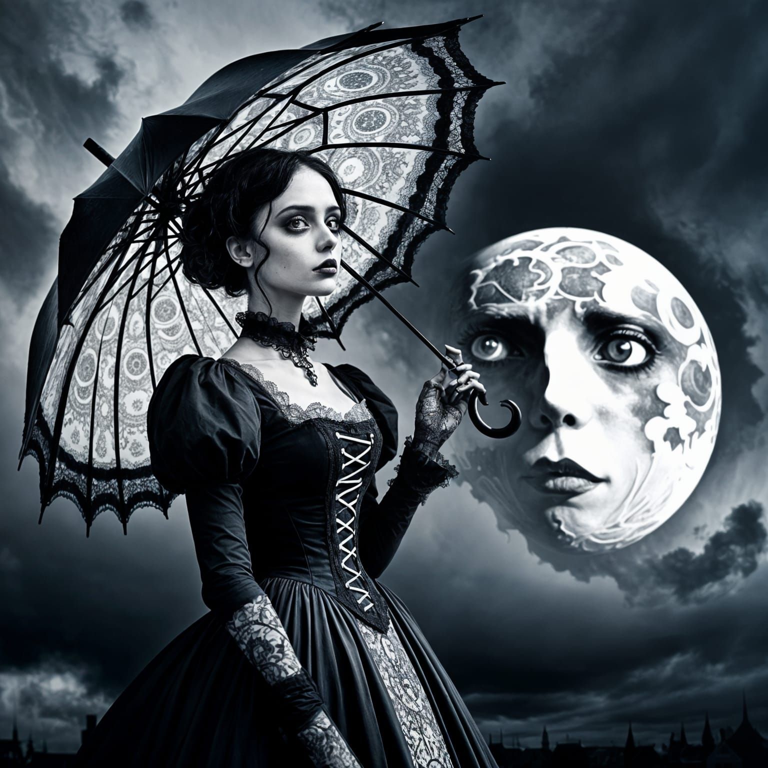 Gothic Girl Under Swirling Moon in Burtonesque Style