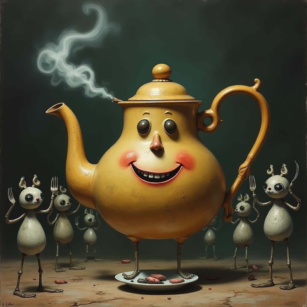 Whimsical Tea Pot Cheered by Silverware in Dark Fantasy Styl...