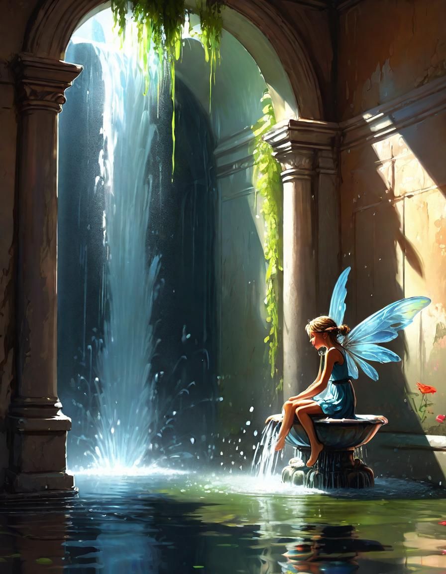 Whimsical Lady Fairy in a Water Fountain Scene
