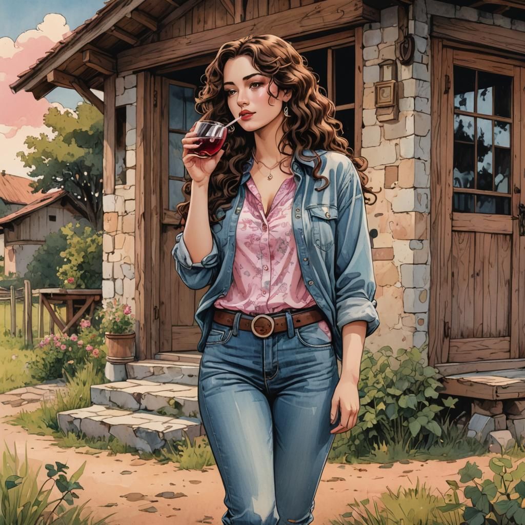 Sad Brunette Woman Smoking in Anime Comic Style