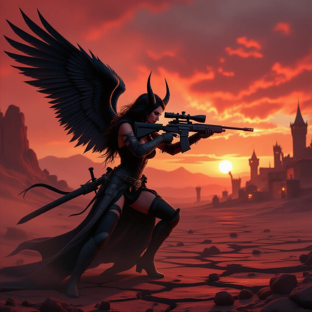 Sleek Devil Huntress with Sniper Rifle in Wasteland