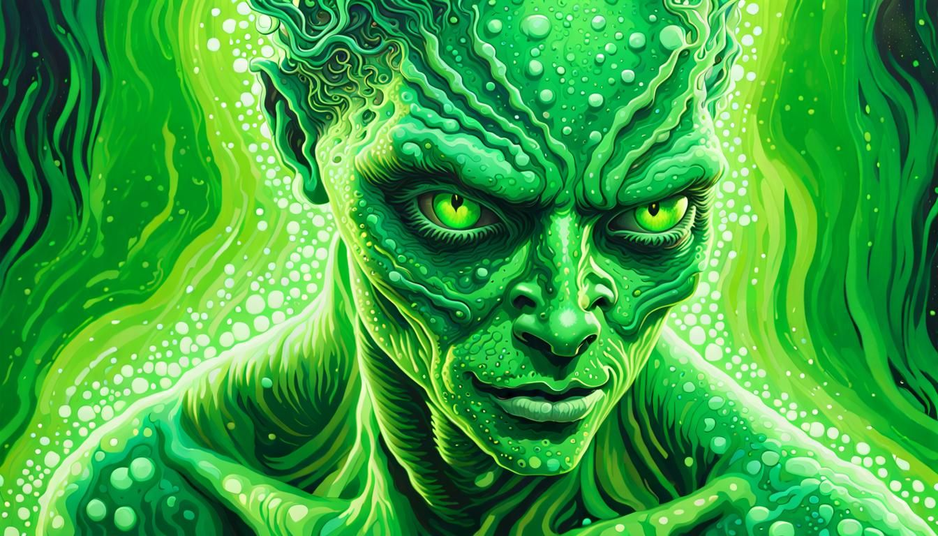 Green Slaad Transformation in Pointillist Portrait