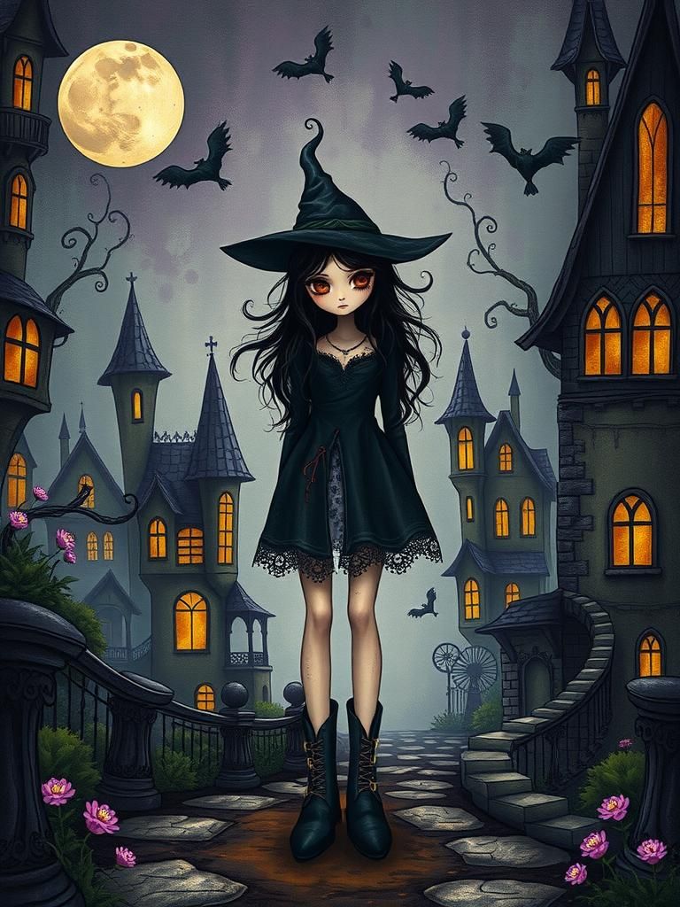 Mysterious Witch in a Gothic Fairytale Village