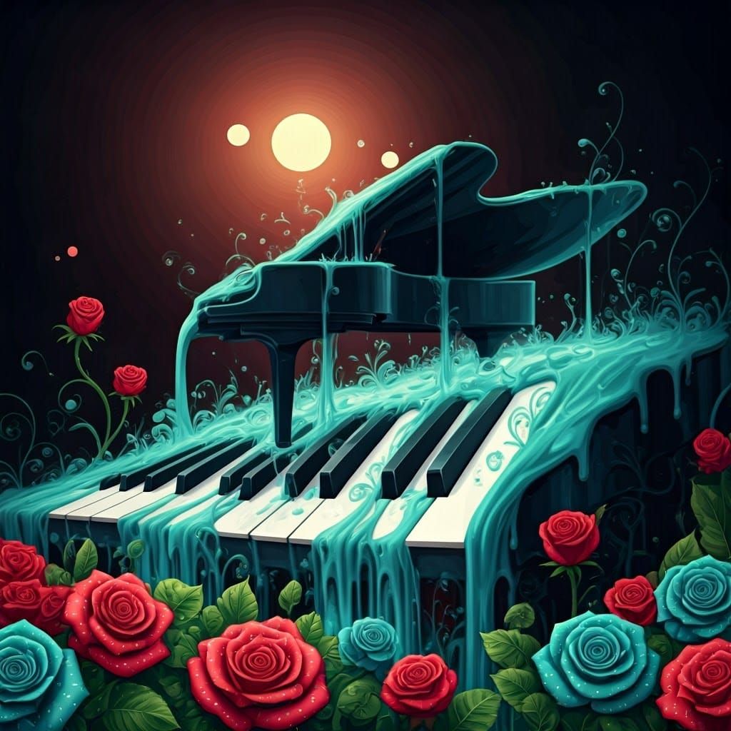 Dreamy Piano Waterfall Landscape in Vibrant Colors