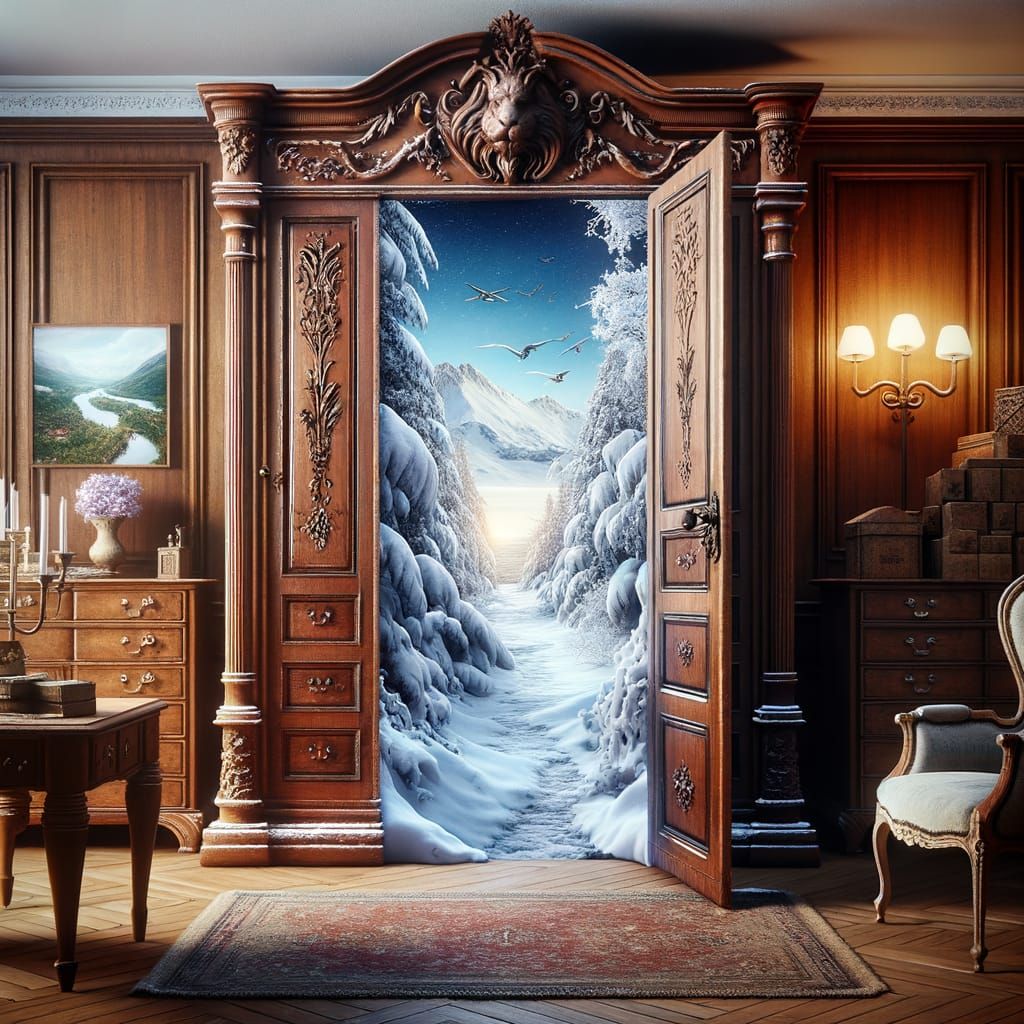 Elegant Study with Enchanted Wardrobe Portal to Narnia