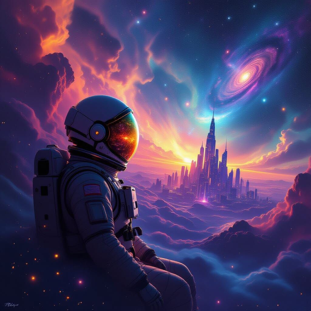 Astronaut Adrift in Cosmic Nebula Reflecting Cityscape