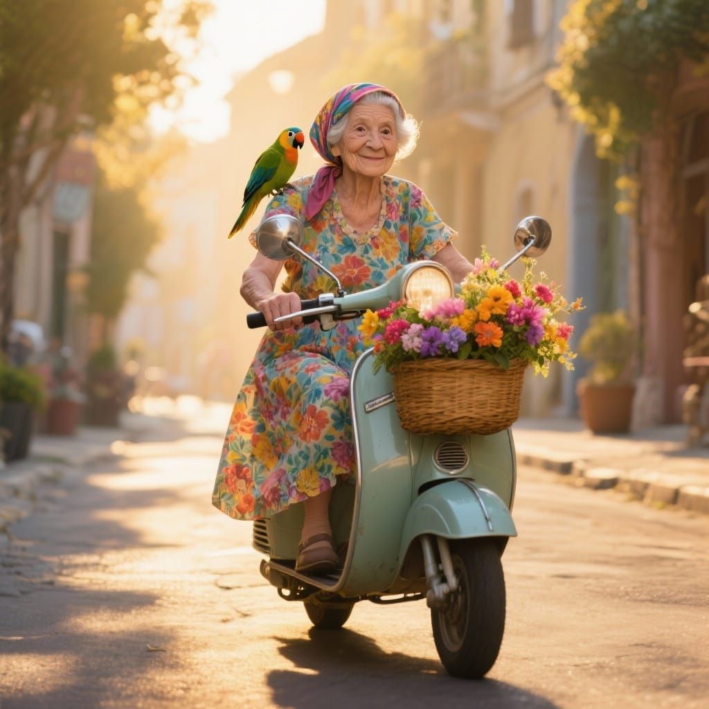 Elderly Woman Rides Vintage Scooter with Parrot