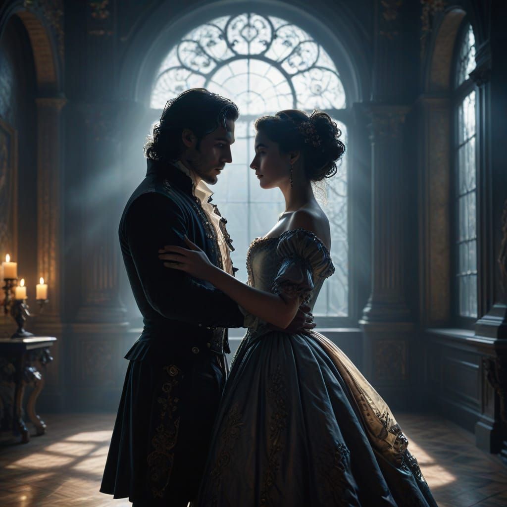 Baroque Couple Embracing in Moonlit Ballroom