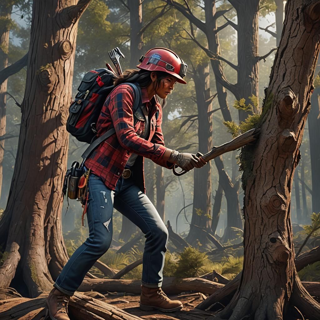 Native American Agent Cuts Tree: Fantasy Concept Art