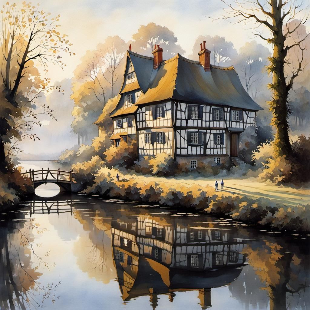 Half-Timbered Houses on Misty Lake: Watercolor Style