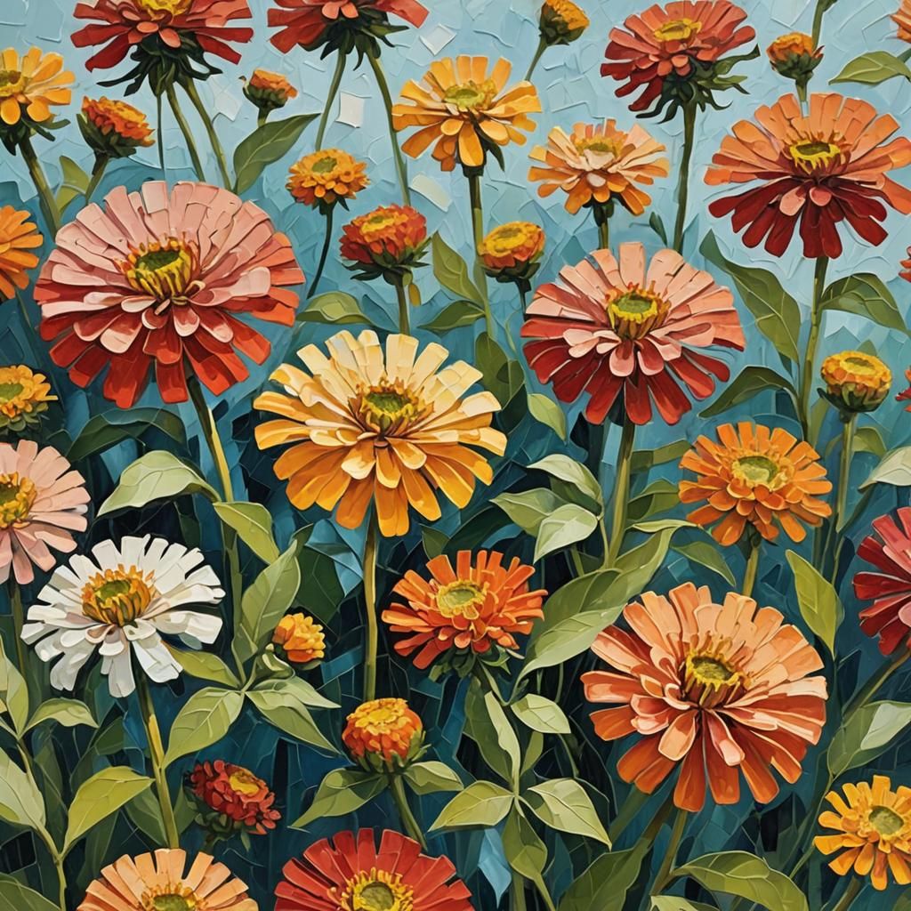 Impasto Zinnias in Impressionist Style