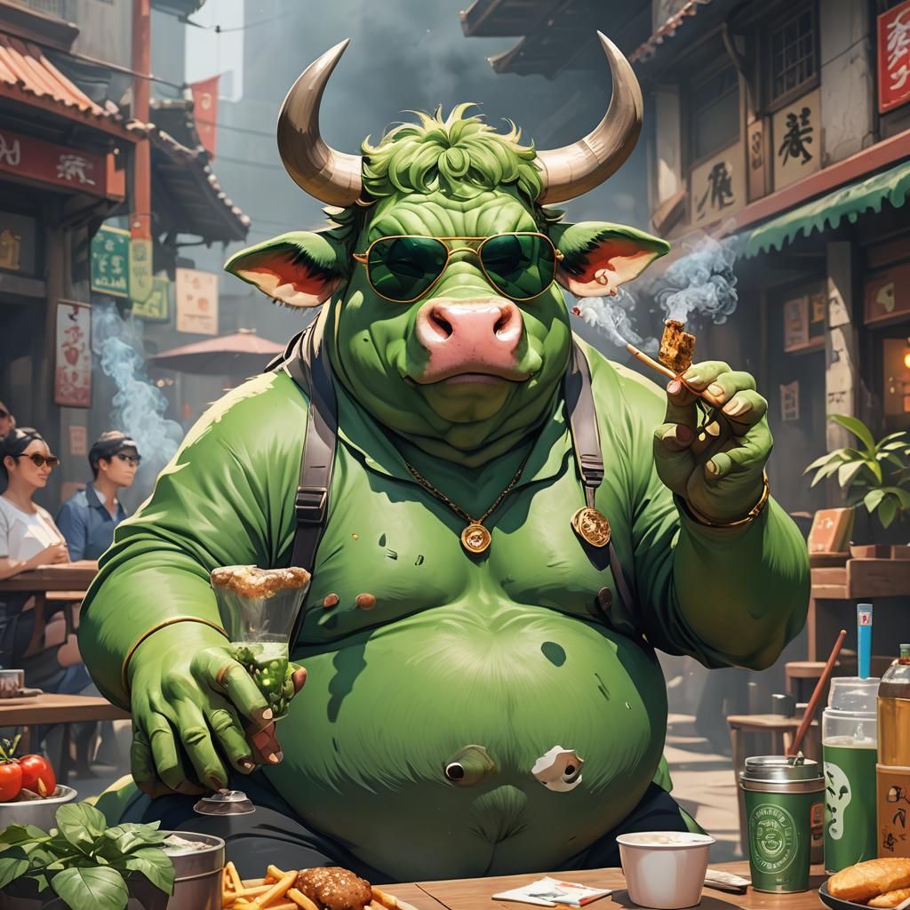 Whimsical Green Cow in Anime Style