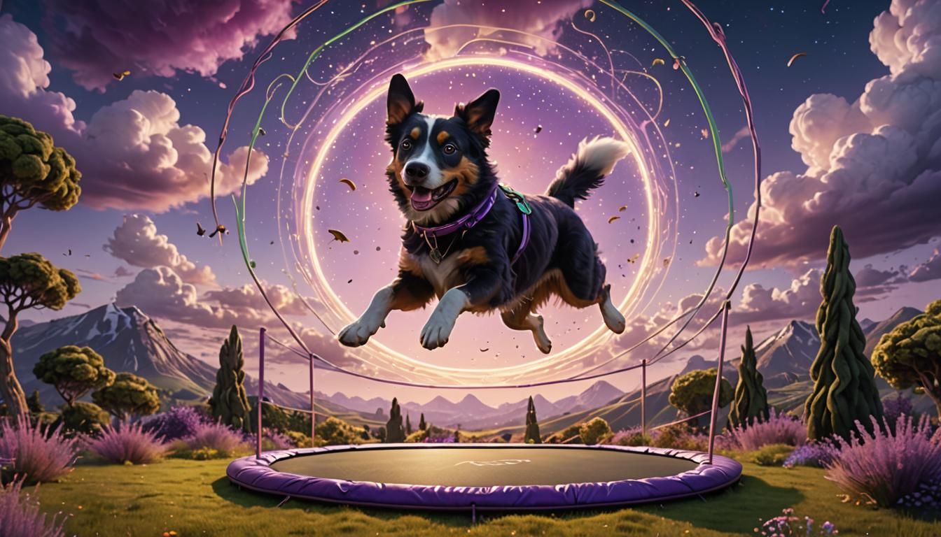 Dog's Whimsical Trampoline Jump in Dream Landscape