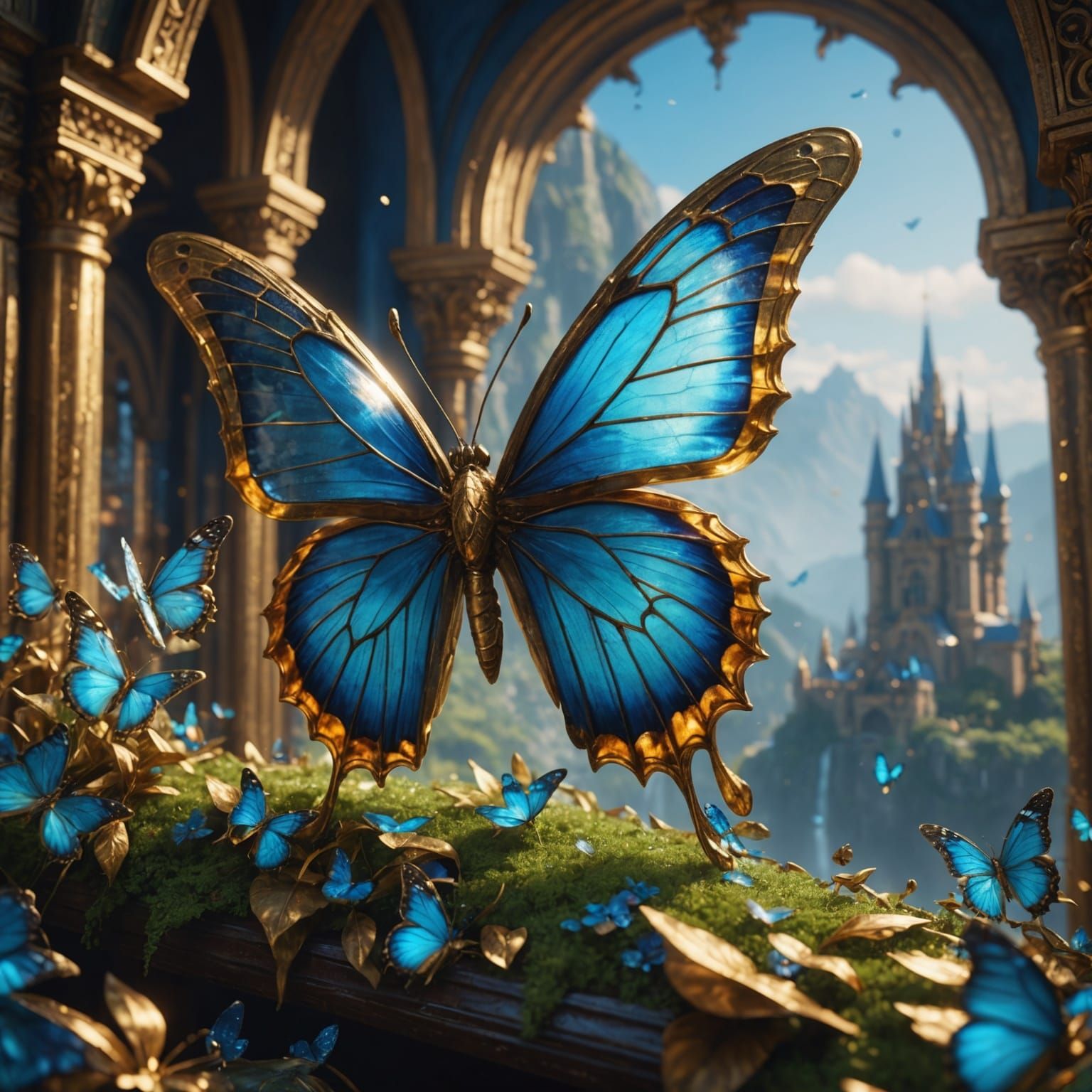 Detailed Golden and Blue Crystal Butterfly Art
