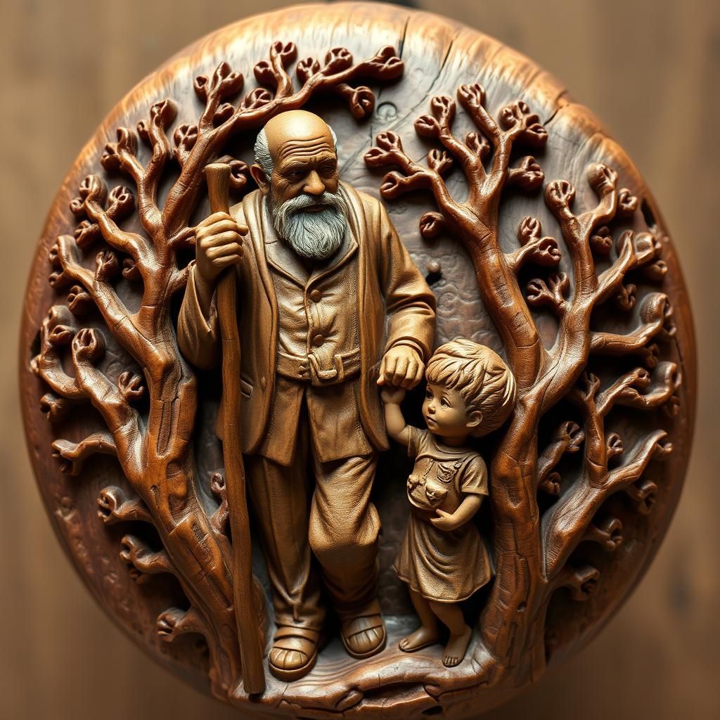 Detailed Wood Carving of Grandfather and Grandson