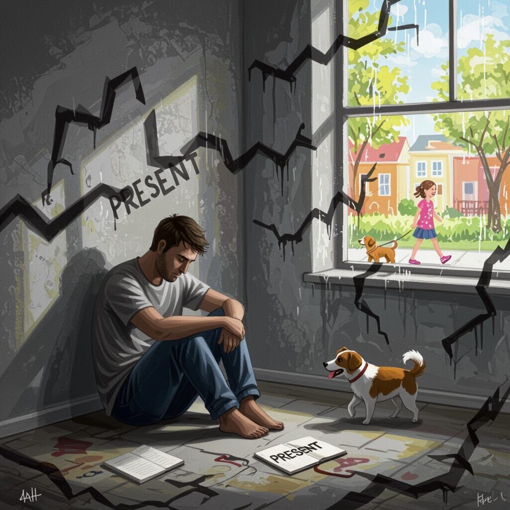 Man in Shadowy Room Contrasted with Outside World