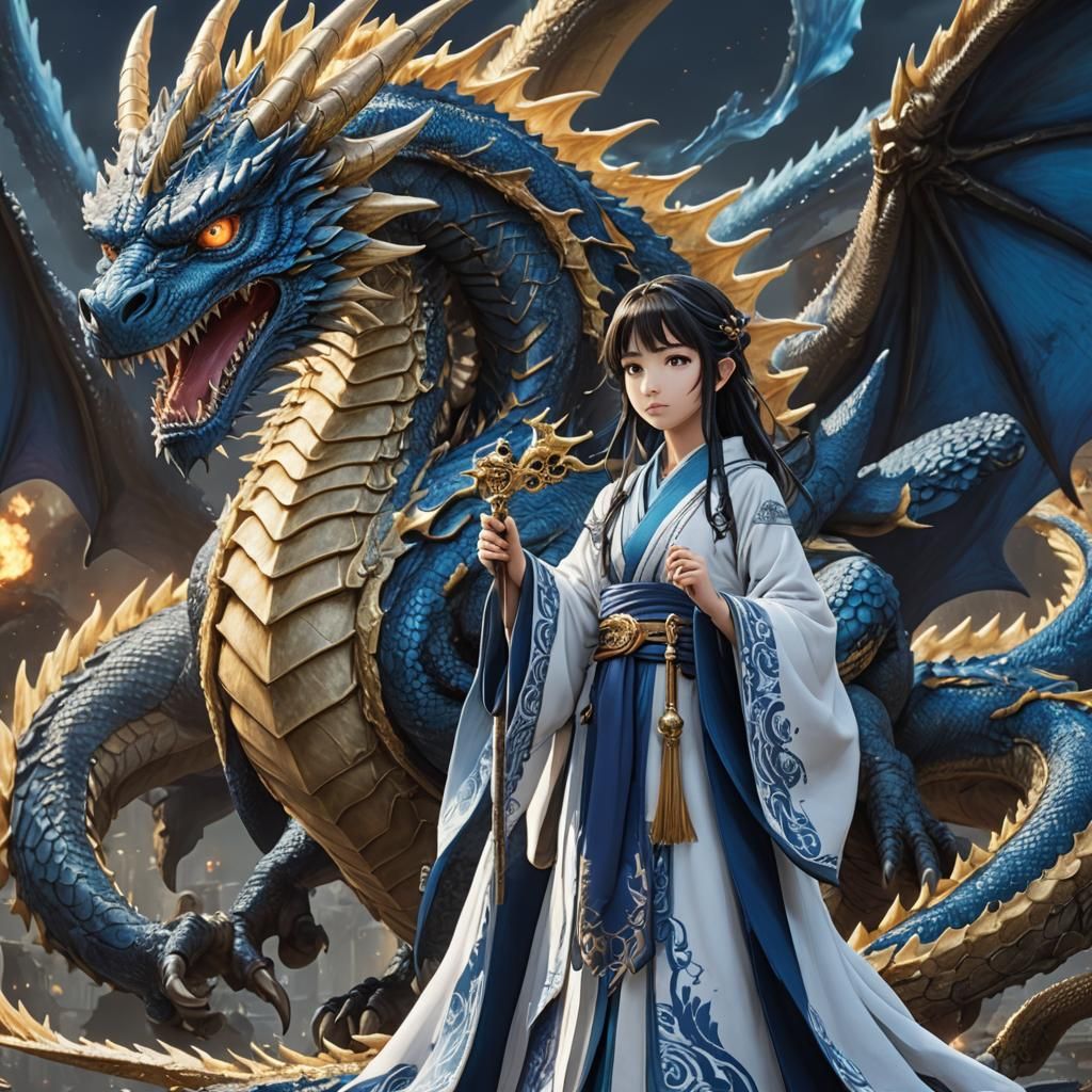Anime Girl and Blue Dragon, Detailed Digital Painting