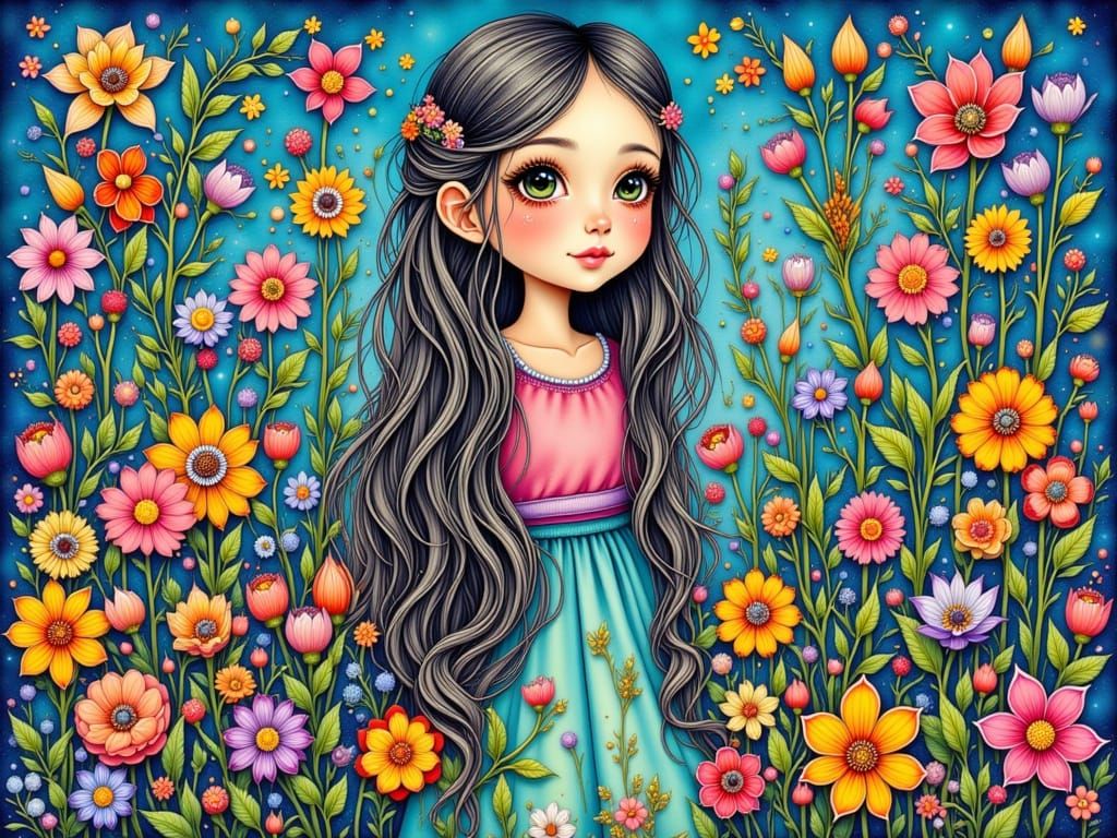 Whimsical Folk Art Illustration of a Girl Among Flowers