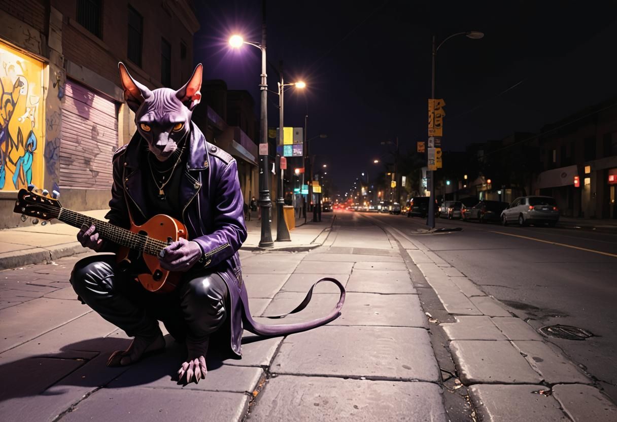 Cyberpunk Sphinx Cat Plays Guitar in Cityscape