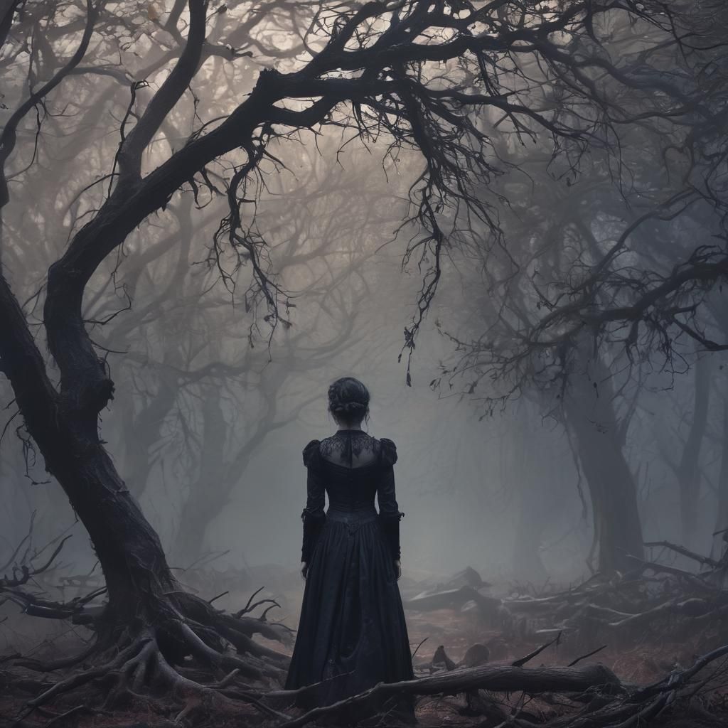 Victorian Woman Overwhelmed by Misty Forest Shadows