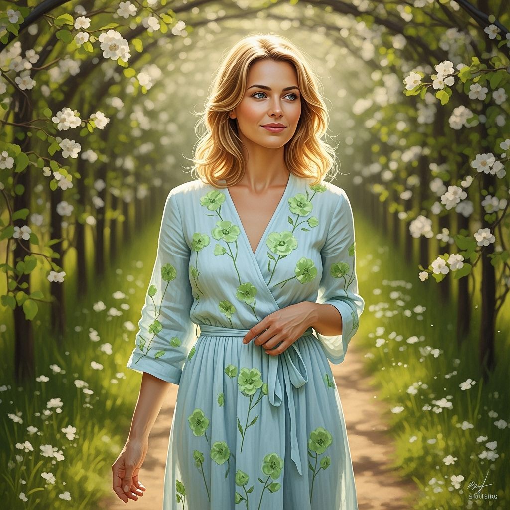 Blonde Woman in Floral Alley, Hyperrealistic Style